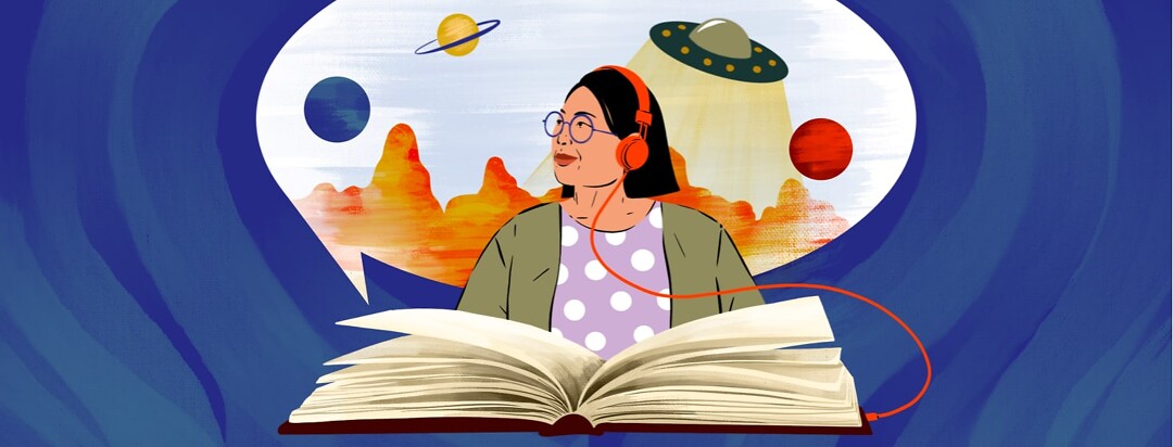 alt=A woman listens to headphones that are plugged into a book. A speech bubble coming from the book is full of space landscapes and a UFO.