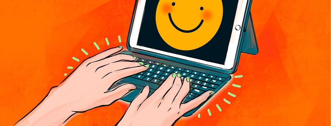 alt=A pair of hands happily type on a bluetooth keyboard attached to an iPad. A smiley face is on the screen of the tablet.