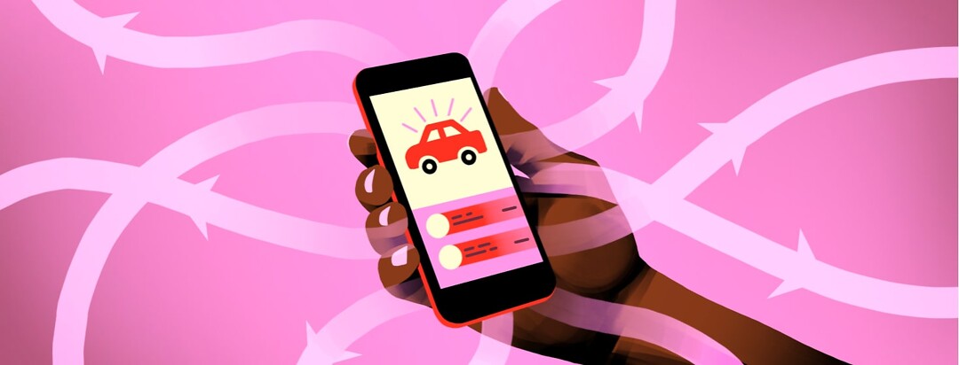 alt=A hand holding a cell phone with a ride share app open on screen. Arrows flow from the phone outward.