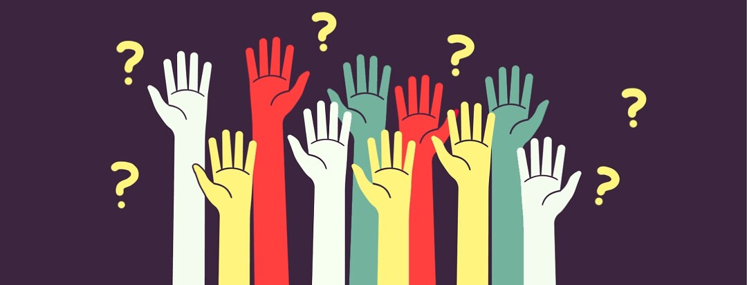 alt=Different colored hands raised in the air with question marks behind them