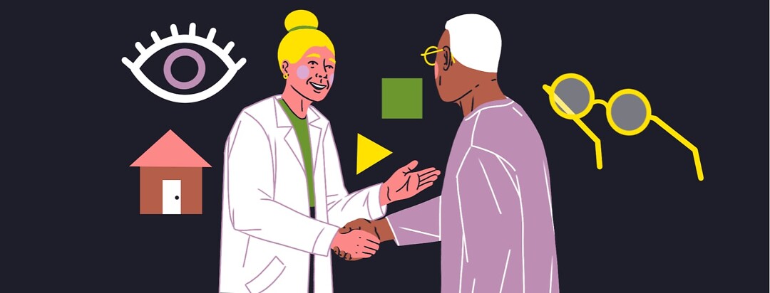 alt=a female doctor shakes hands with a white-haired man. An eye, shapes and pair of glasses float around