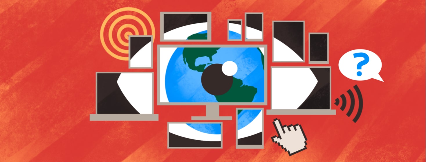 alt=a variety of computer devices - laptops, desktops, tablets, phones - come together to form an eye with a globe as the iris.