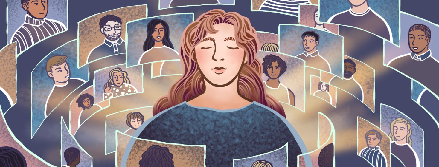 alt=A woman is surrounded by a supportive virtual community of people, each on their own screen.