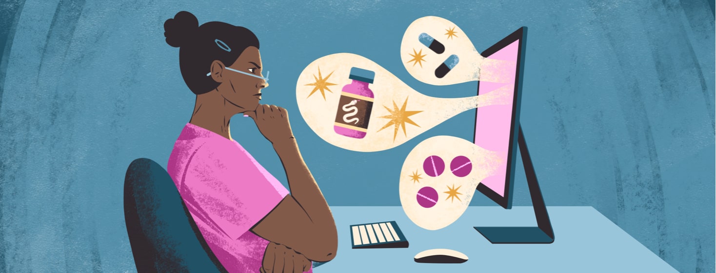 alt=a woman stares skeptically at a computer screen. Images of medication, fake cures, and snake oil leap out at her.