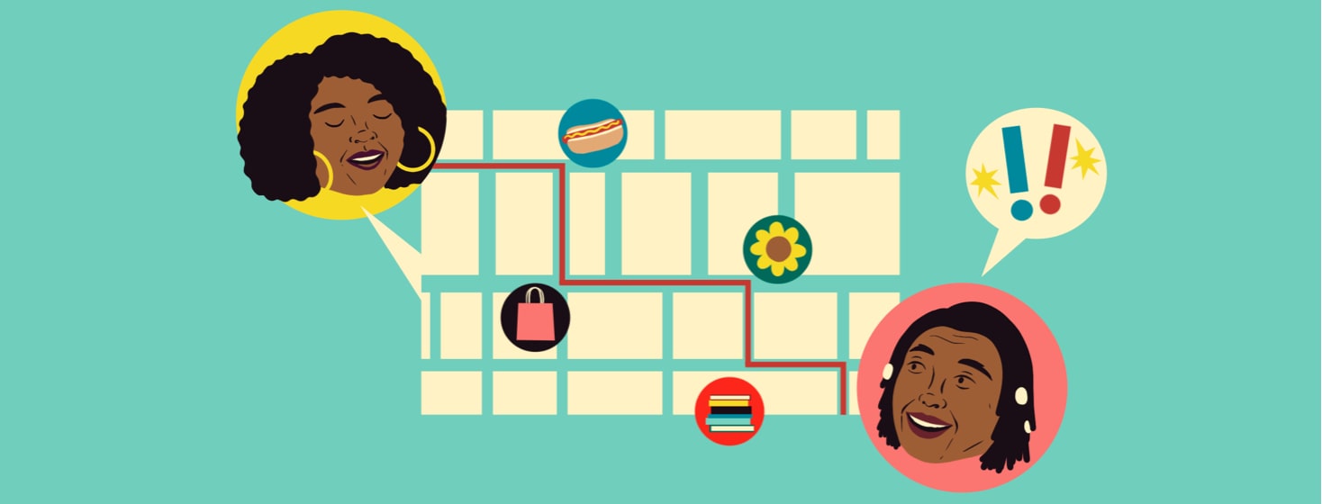 alt=a woman with eyes closed gives directions with landmarks at each turn. Another woman looks astonished.