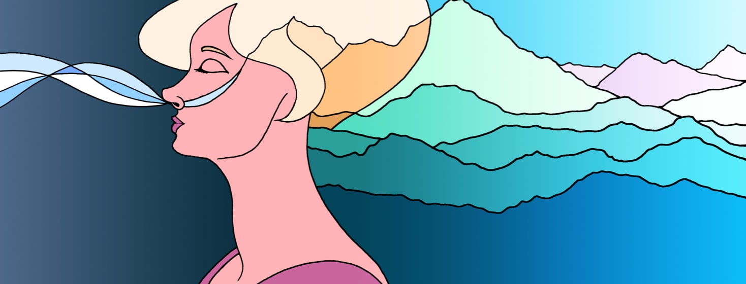 alt=a woman takes a deep breath meditating and the visual breath turns into a serene mountain scape behind her