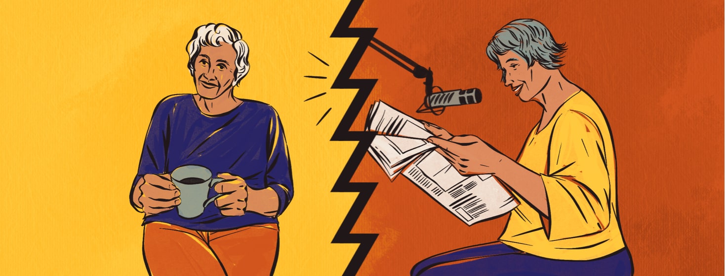 alt=a younger woman reads aloud a newspaper into a microphone, while an older woman listens to it on the radio.