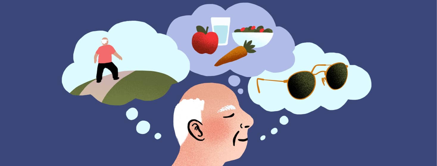 alt=A man thinks of various methods of maintaining his AMD diagnosis. Inside three thought bubbles are scenes of him exercising outdoors, choosing healthy foods, and wearing sunglasses.