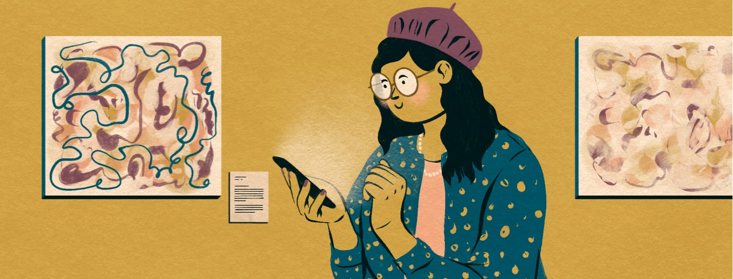 alt=a woman in a museum uses her cellphone to circumvent vision challenges.