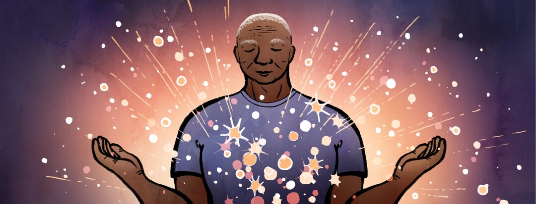 As a man meditates, bright stars emerge from his body in an outpouring of relaxation.