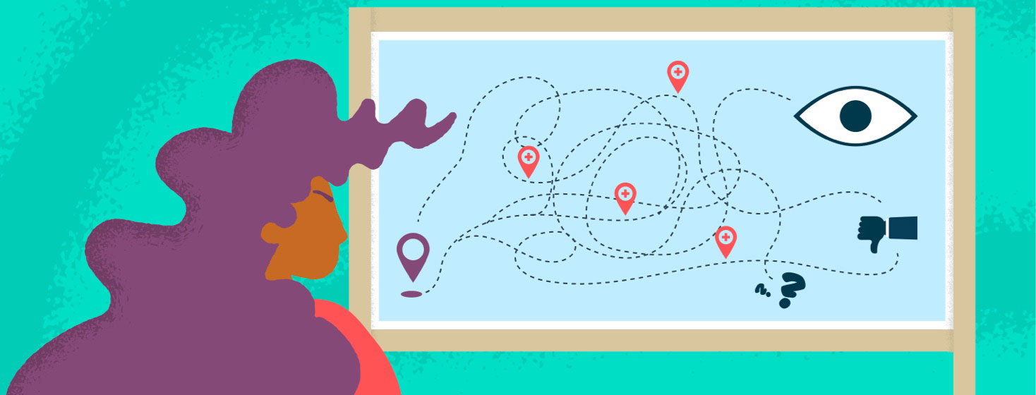 A woman looking at a map confused map has eye question marks and a thumbs down symbol.