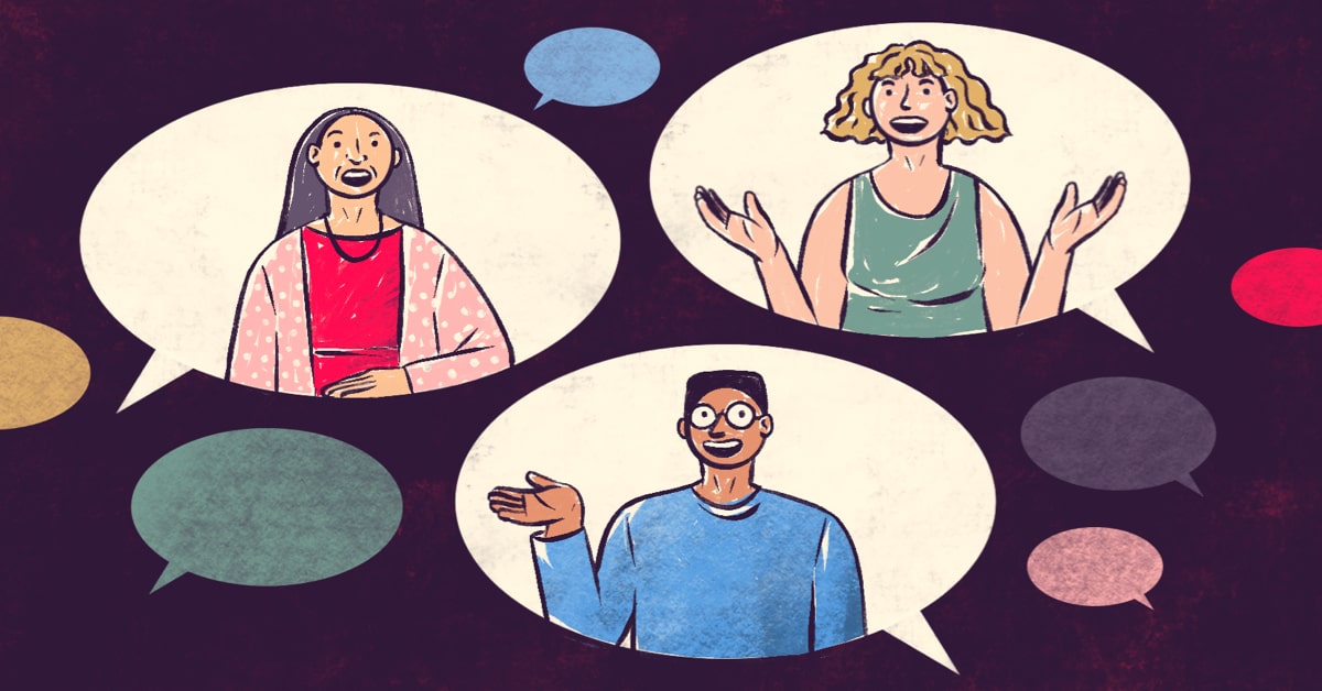 Three community members are interviewed in speech bubbles. speaking, talking, sharing, interview, perspective adult Black male, senior Black female, adult white female