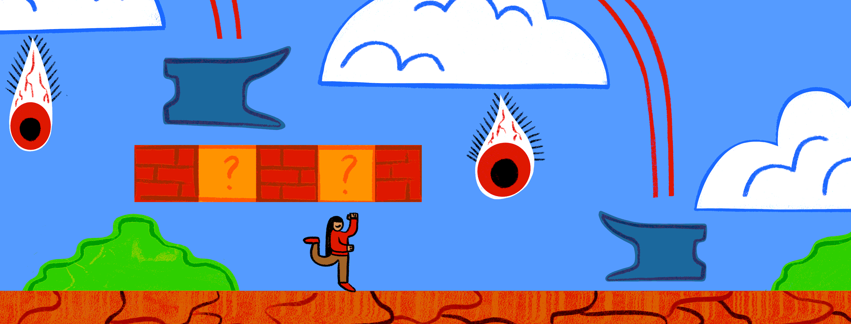 Woman hitting a question mark box and a heart pops out. Around her are scary eyes and anvils falling from clouds