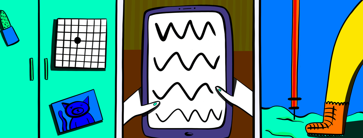 Comic panel of Close up view of a refrigerator with an amsler grid next to a panel of a person reading from an ipad, next to a panel of someone hiking