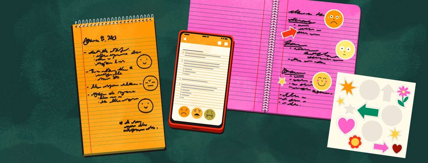 A yellow pad of paper, a pink notebook, and a smartphone with the Notes app open all have notes and emojis written or typed on them. The pink notebook also has stickers stuck onto its pages.