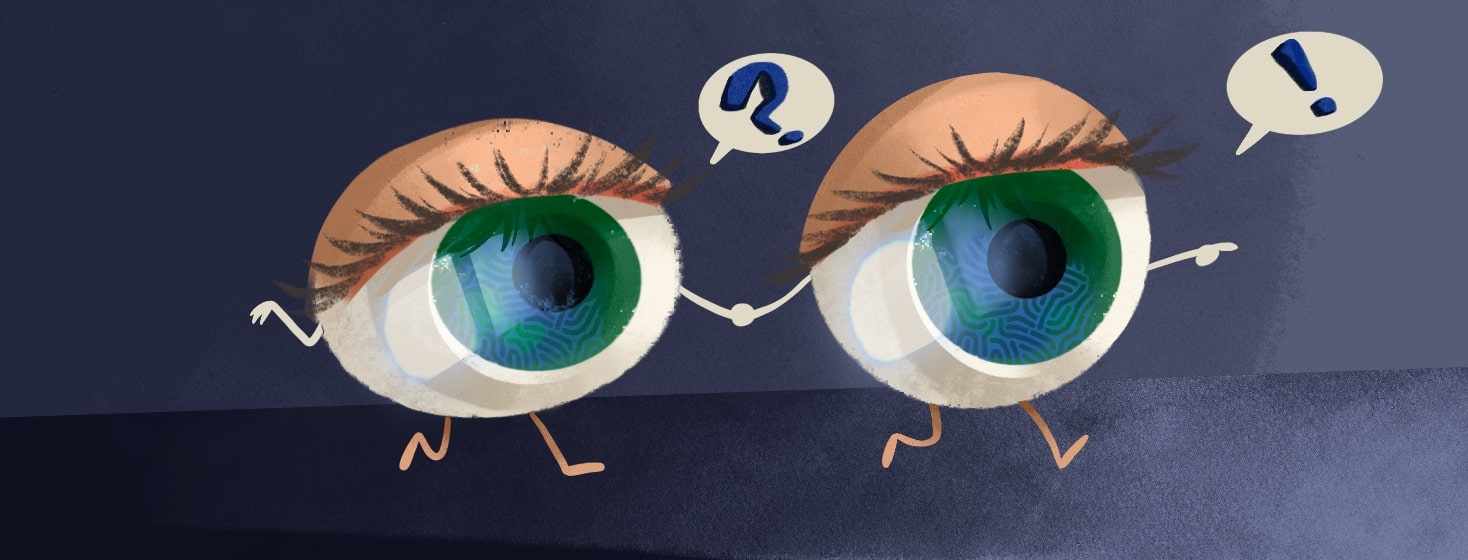 Two eyeballs walk through a dark area, one eye is leading the other by the hand and is pointing forward, Green eyes, assistance, help, teamwork, favored eye