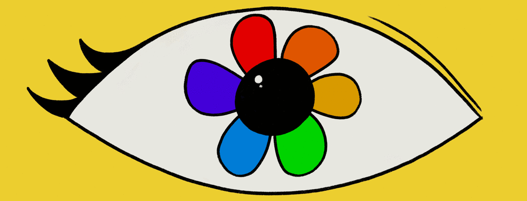 An eye with a flower in the middle showing the progression of color fading