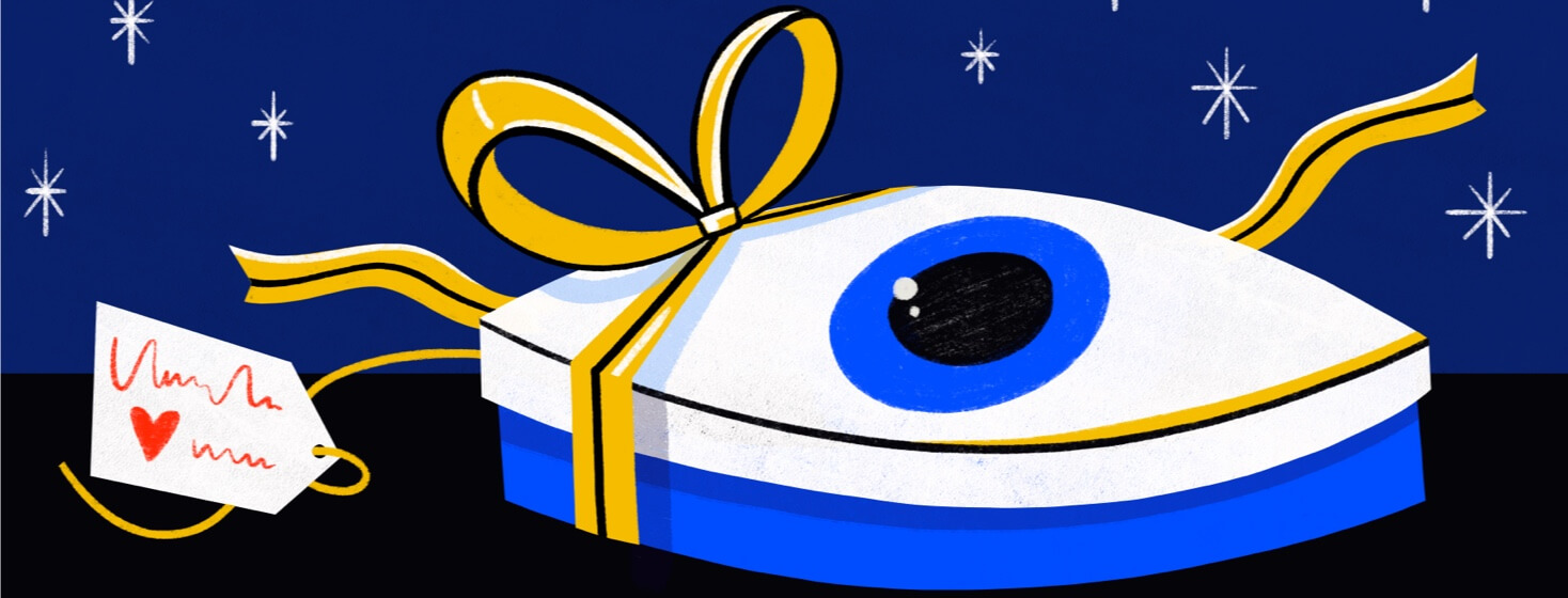 An eye shaped box wrapped with a bow
