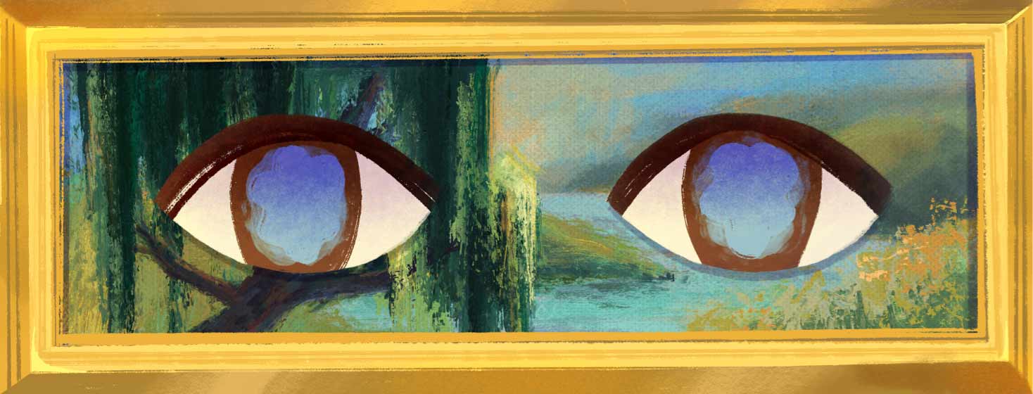 A pair of foggy lens eyes lay on top of a gold framed painting that is imitating the impressionistic style of Claude Monet. Cataract, painter, vision loss