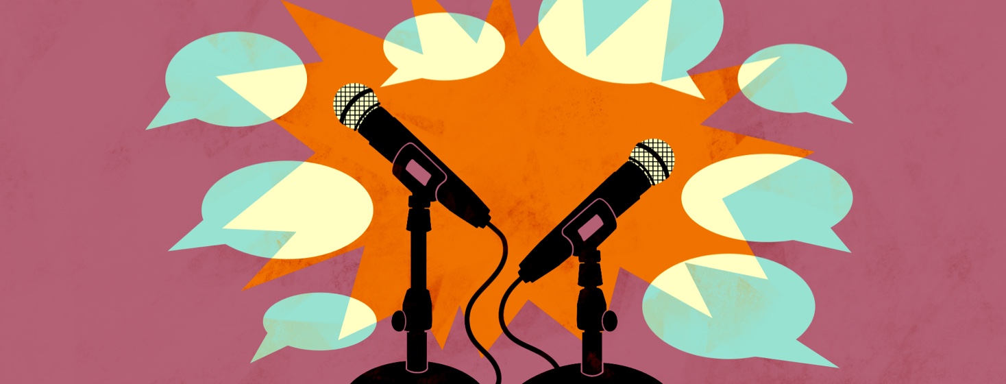 Two interview microphones are set up across from one another and are surrounded by speech bubbles.