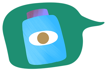 A green speech bubble with a vitamin bottle inside.