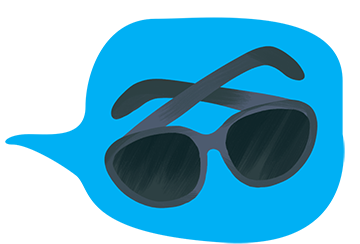 A blue speech bubble with sunglasses inside.