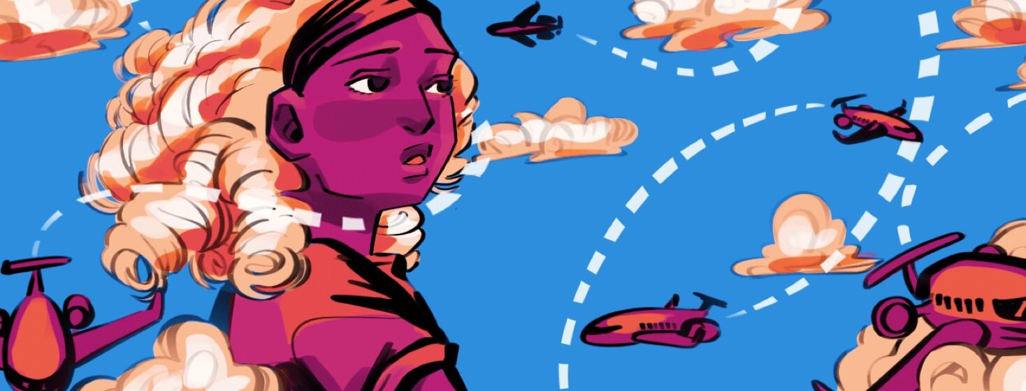 A black woman stands against the sky, surrounded by planes flying in looping directions as she looks confused.