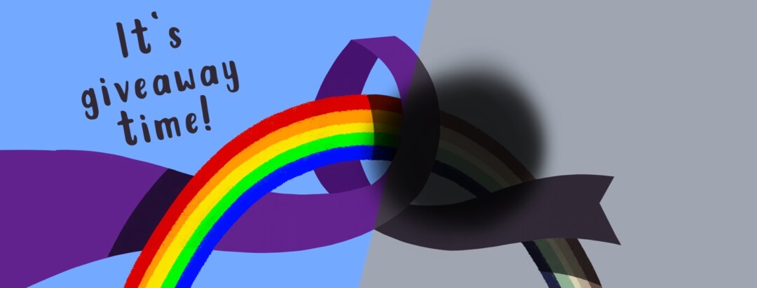 A rainbow is stretching through a purple ribbon in the sky. One side is losing color and there is a large fuzzy black spot.