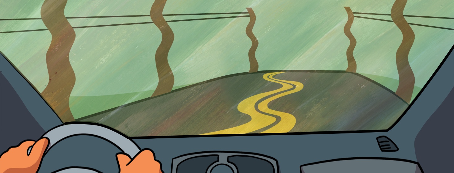 A view out a car windshield showing a distorted view and wavy lines.