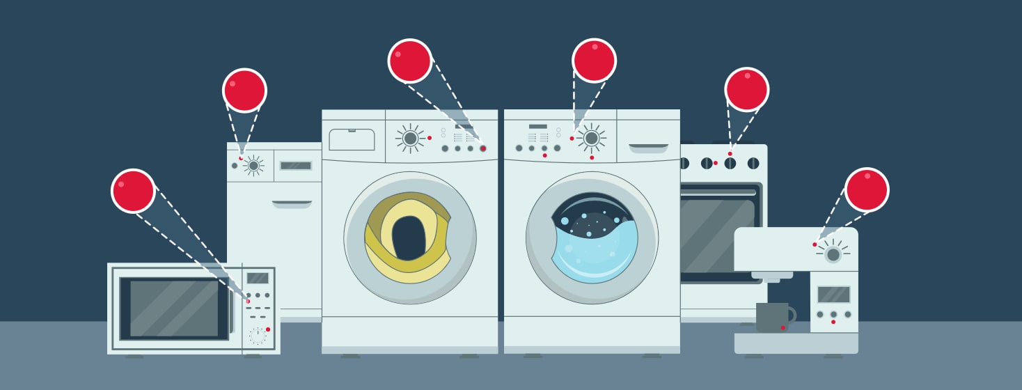 A series of household appliances are lined up with small red bump dots noting important buttons for the visually impaired.