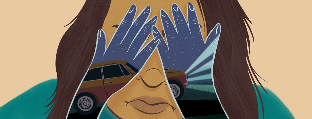 A close up of a woman covering her eyes with her hands. Inside her hands is a car driving through the night sky with 4 headlights.