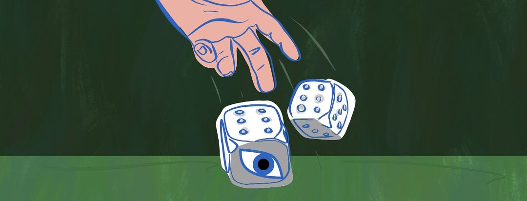 A hand rolling a pair of dice. There is a blue eye on the bottom of one.