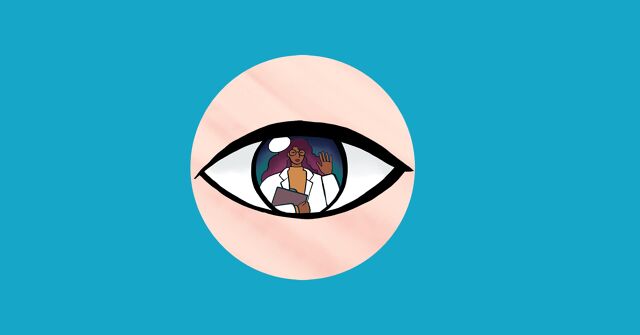 a friendly doctor is reflected in a person's eye